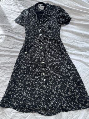 David Warren Floral Midi Dress - Black with White Print